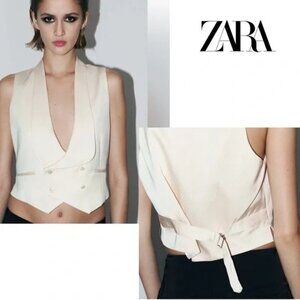 Zara Size XS Beige Double Breasted Tuxedo Vest Waistcoat Satin Trim Back Tie